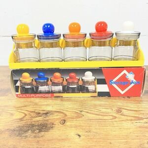 Mini Jar Set w/Hanging Rack Colorful Lids Spices Crafts Vintage Organization 90s